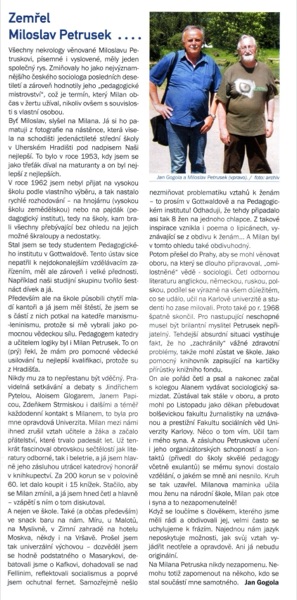 Výstřižek: Jan Gogola, Zemřel Miloslav Petrusek, Magazín Zlín