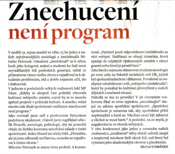 Výstřižek: Michal Komárek, Znechucení není program, Literární noviny
