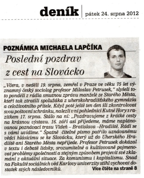 Výstřižek: Michael Lapčík, Poslední pozdrav z cest na Slovácko, Slovácký deník