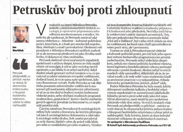 Výstřižek: Jan Maršálek, Petruskův boj proti zhloupnutí, Hospodářské noviny