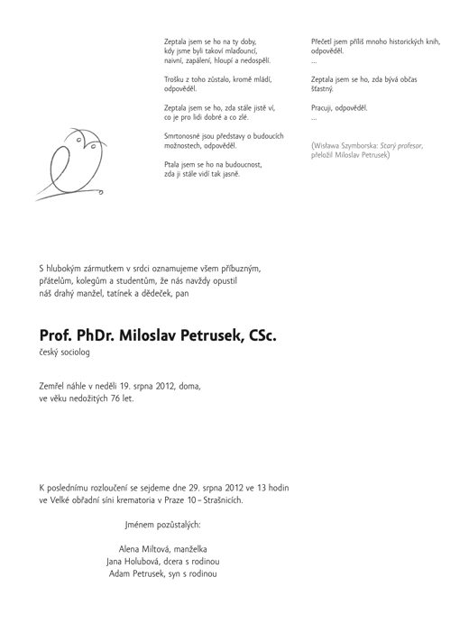Parte Miloslava Petruska s kresbou ptáčka a básní Wisławy Szymborské